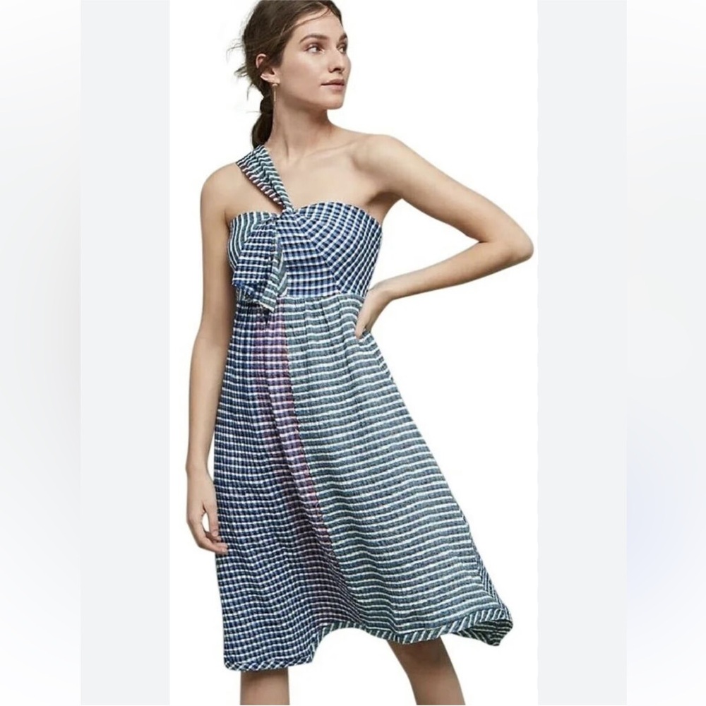 Anthropologie Maeve  Blue and White One Shoulder Sundress